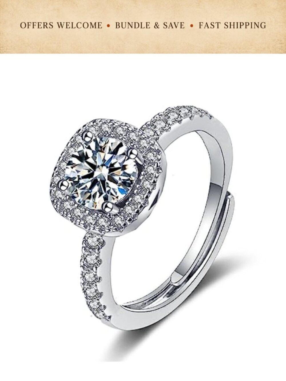 Adjustable Silver Plated Brass Eternity Ring Cubic Zirconia Wedding Band